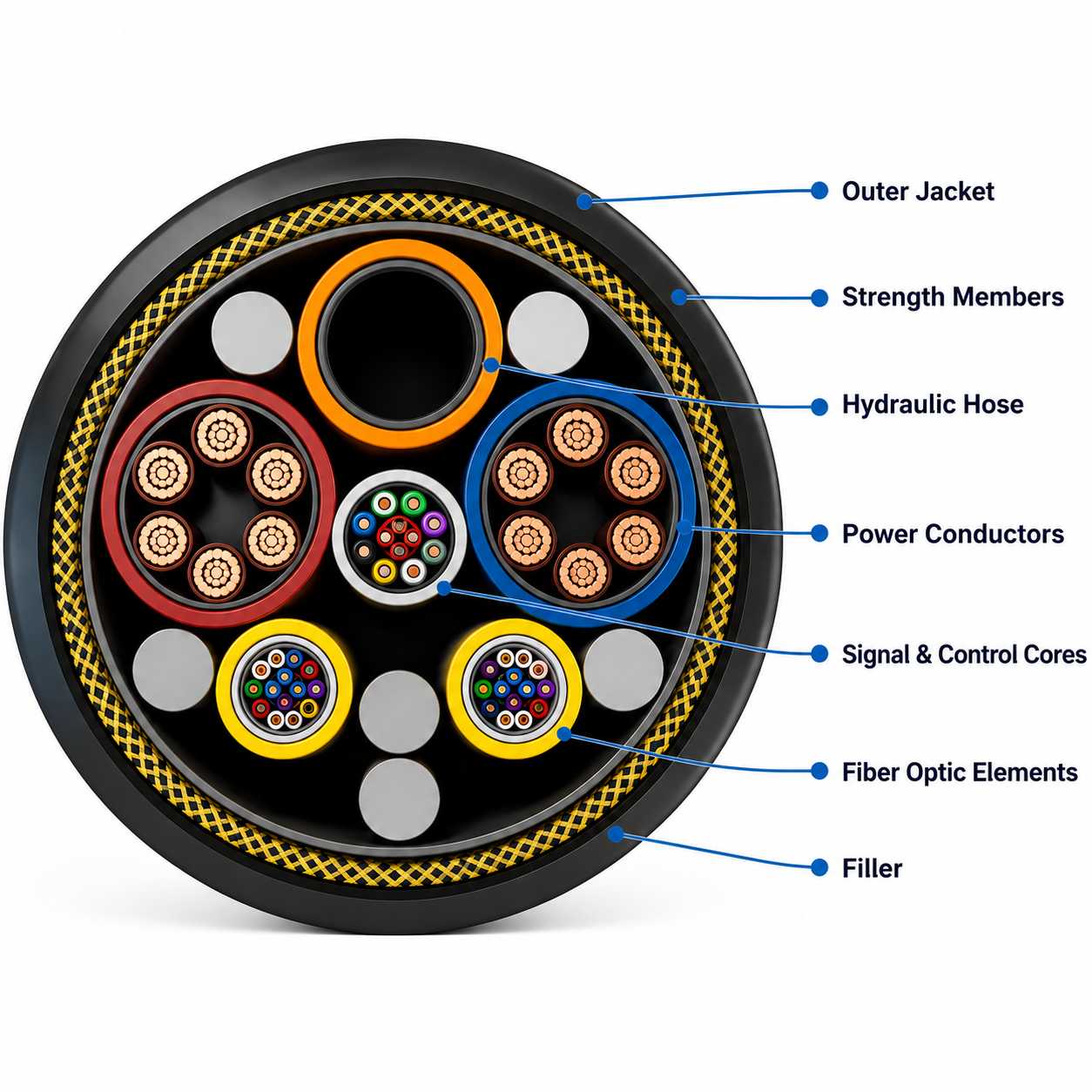 ROV umbilical cable cross section illustrating internal components including power cores, fiber optics, hydraulic hose, signal wires and protective layers.jpg